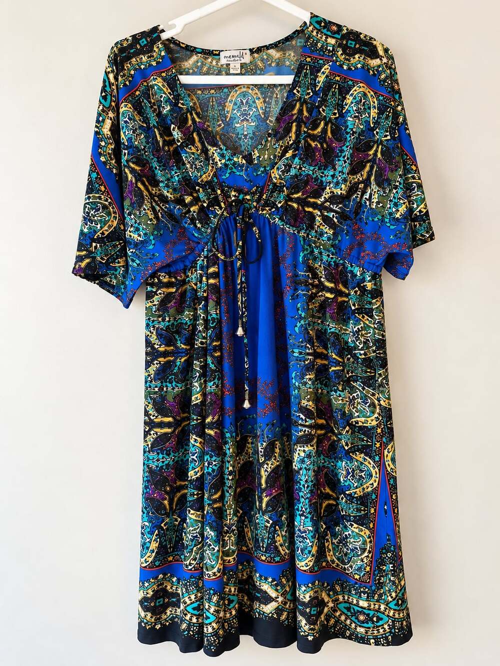 One World Dress Size S Blue Paisley Boho Kaftan V-Neck